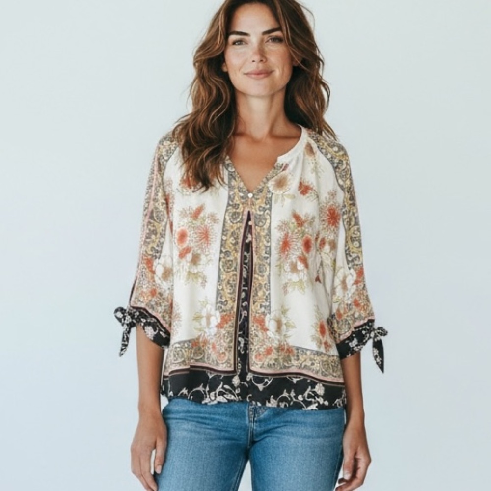 Olive Hill Cream Black Floral Print Tie Sleeve Lightweight Loose Fit Top Medium